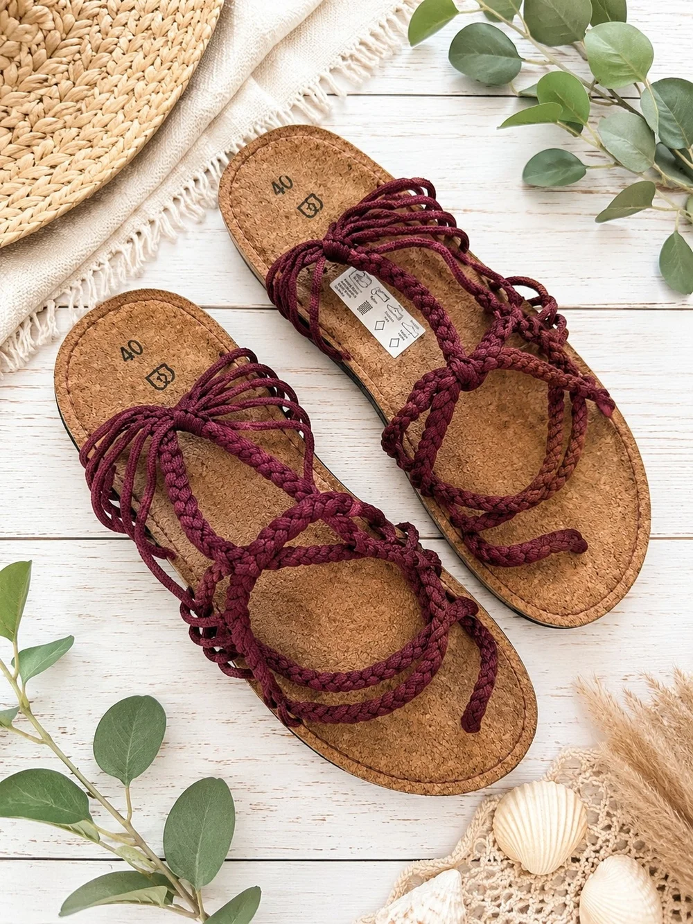 Bokyna Braided Tassel Sand Sandals in Burgundy In Size 40 (Size 9-9.5)